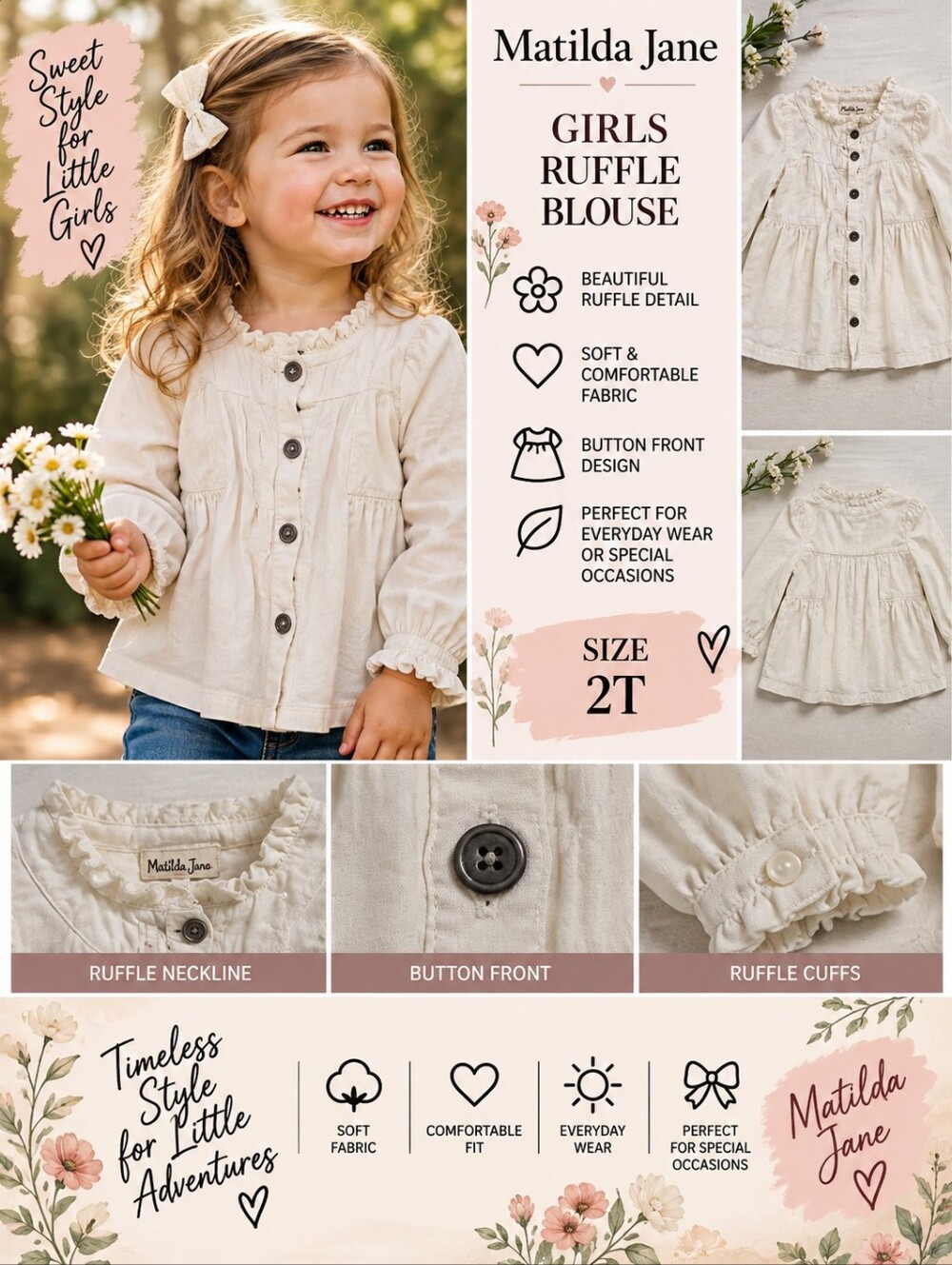 Matilda jane girls 2T white button ruffle blouse #35